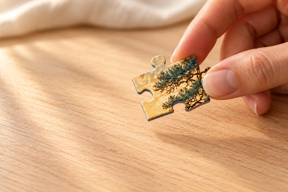 Detailaufnahme der bedruckten Oberfläche und Stanzkante eines Puzzleteils